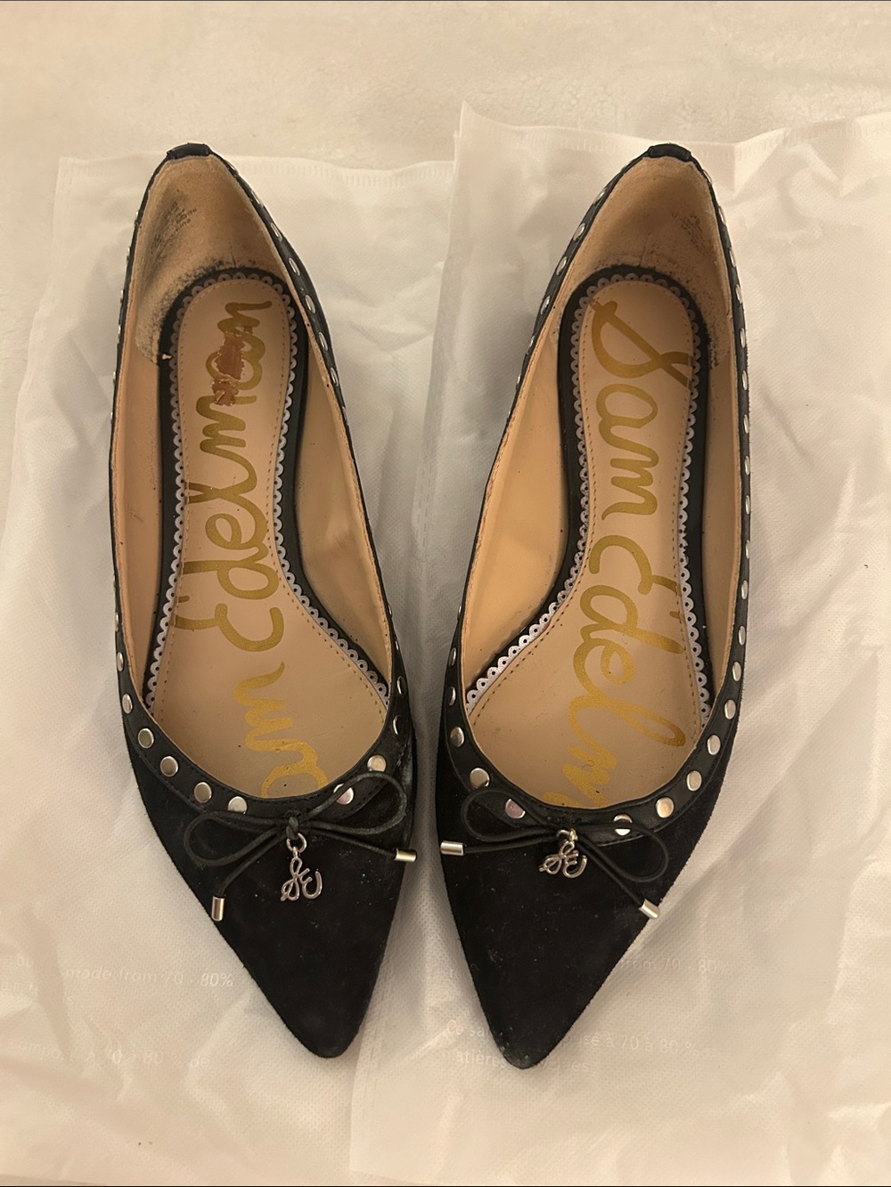 Sam Edelman Black Pointed Toe Studded Bow Flats